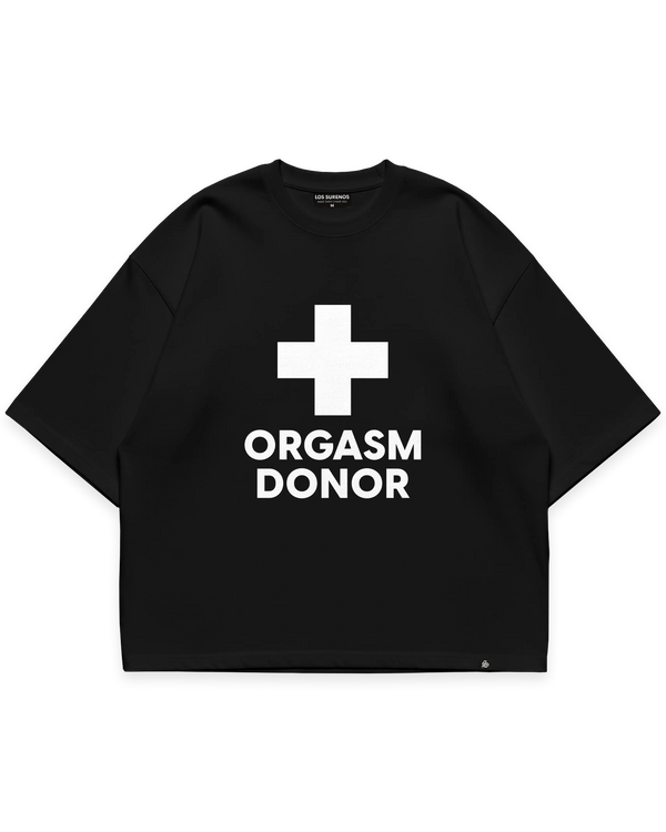 ORGASM DONOR TEE siyah oversize tshirt, beyaz artı sembolü ve yazı grafik baskılı streetwear tasarım #siyah