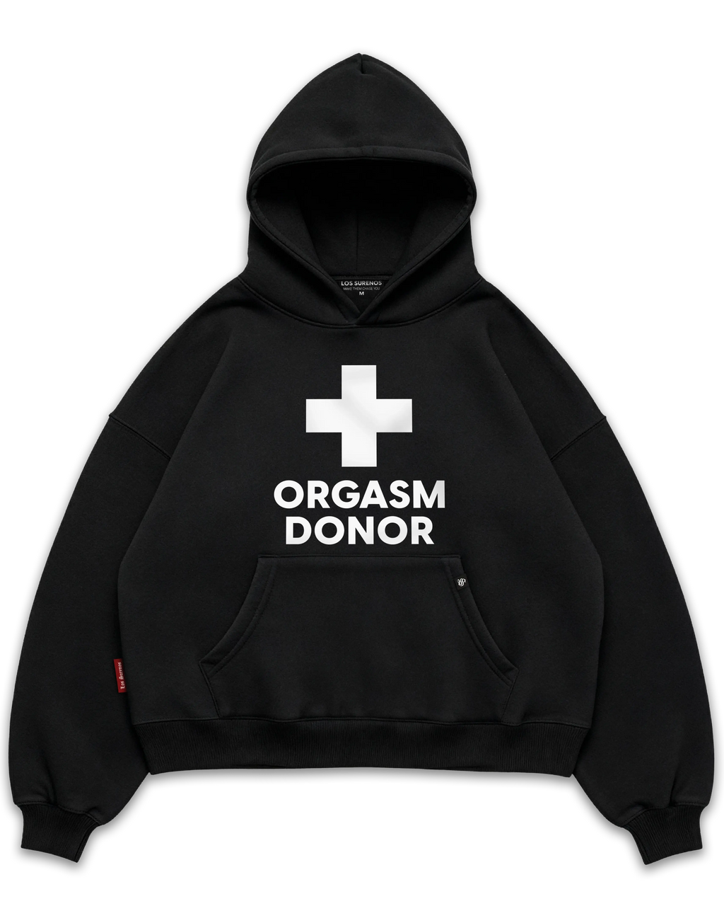 Los Surenos Orgasm Donor siyah hoodie ön görünüm, oversize boxy fit kapüşonlu sweatshirt, minimal tipografi ve artı sembol baskılı cesur streetwear tasarım #siyah