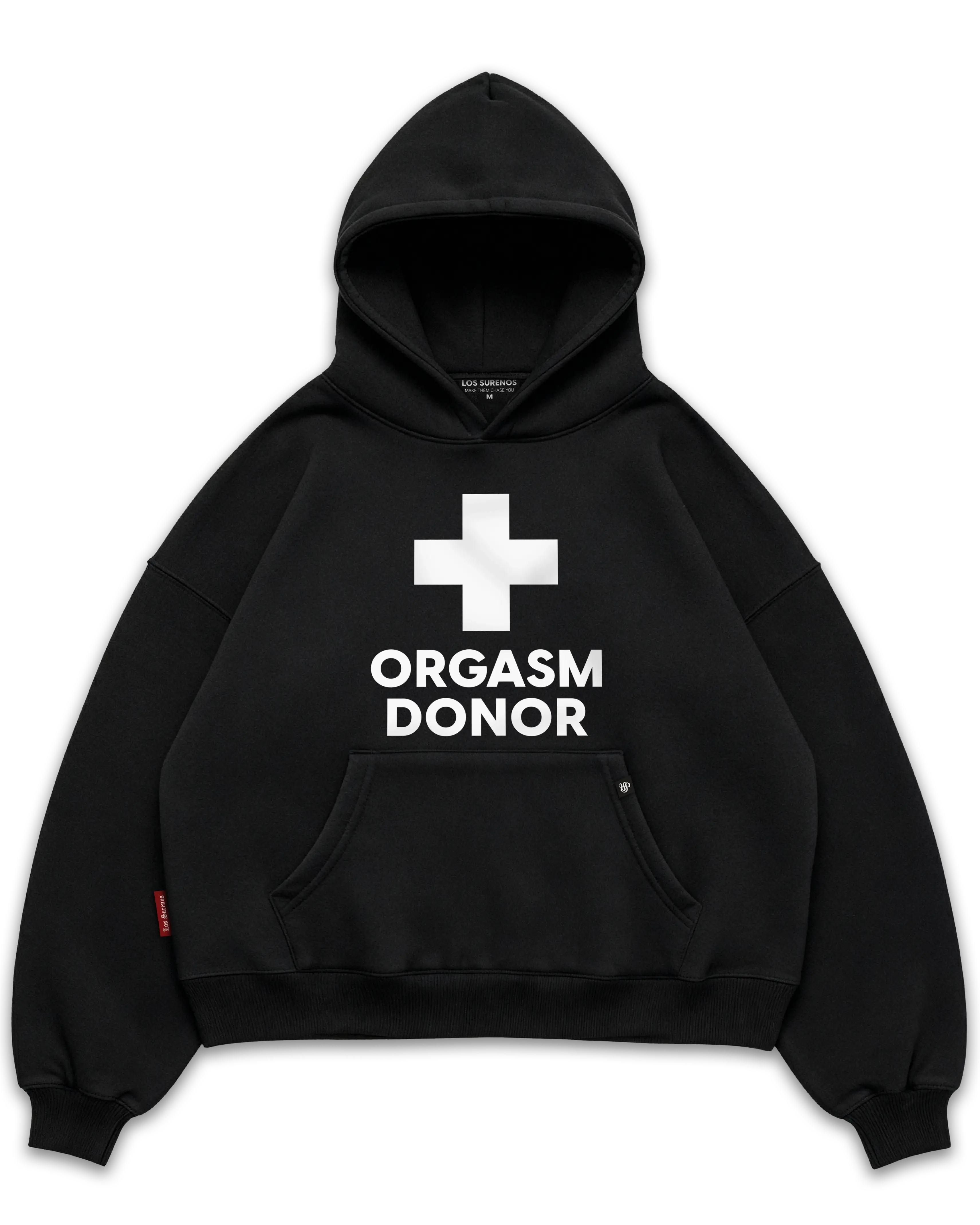 Los Surenos Orgasm Donor siyah hoodie ön görünüm, oversize boxy fit kapüşonlu sweatshirt, minimal tipografi ve artı sembol baskılı cesur streetwear tasarım #siyah