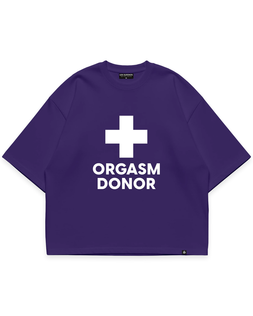 ORGASM DONOR TEE mor oversize tshirt, beyaz artı sembolü ve yazı grafik baskılı streetwear tasarım #violet