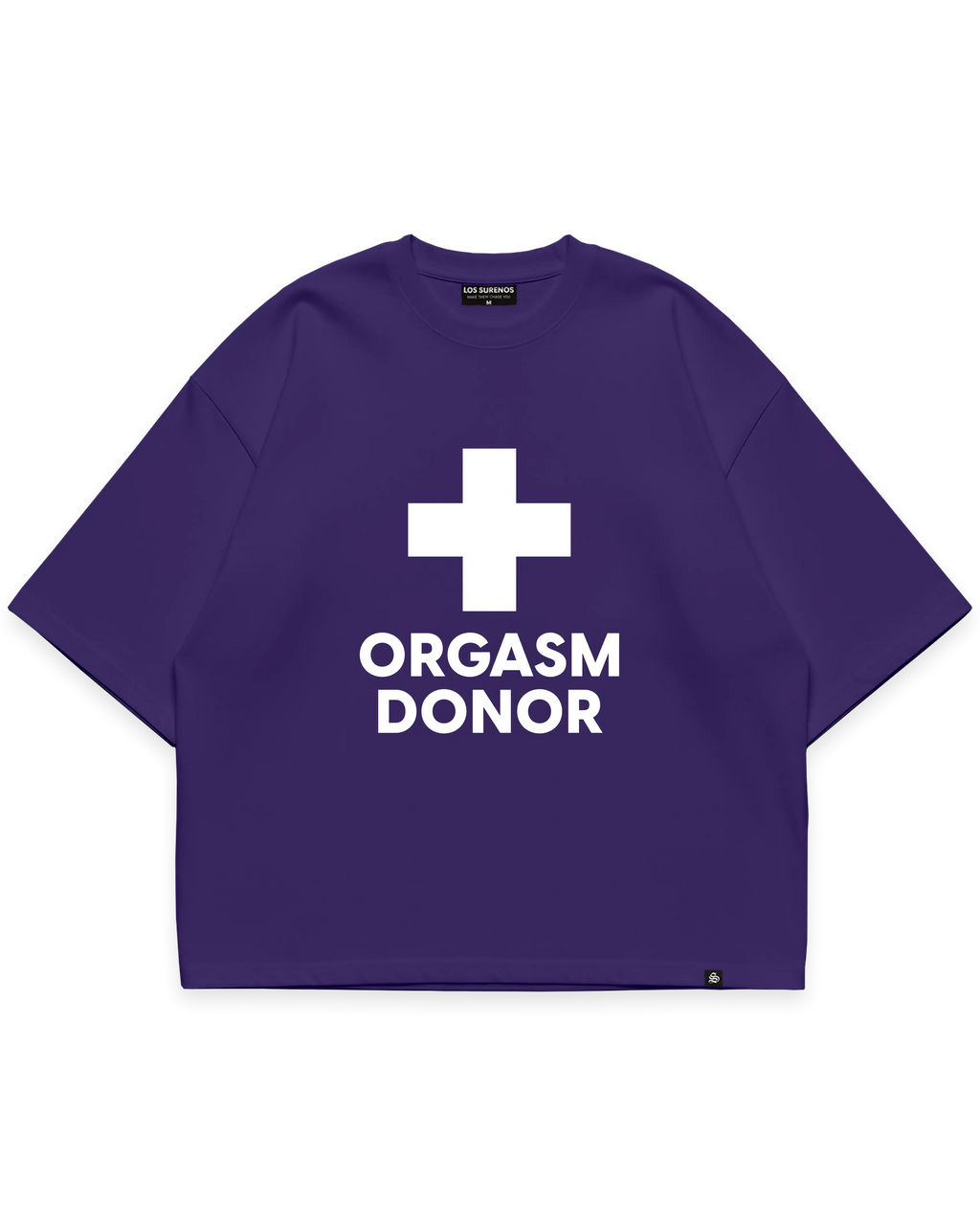 ORGASM DONOR TEE mor oversize tshirt, beyaz artı sembolü ve yazı grafik baskılı streetwear tasarım #violet