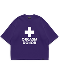 ORGASM DONOR TEE mor oversize tshirt, beyaz artı sembolü ve yazı grafik baskılı streetwear tasarım #violet