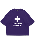 ORGASM DONOR TEE mor oversize tshirt, beyaz artı sembolü ve yazı grafik baskılı streetwear tasarım #violet