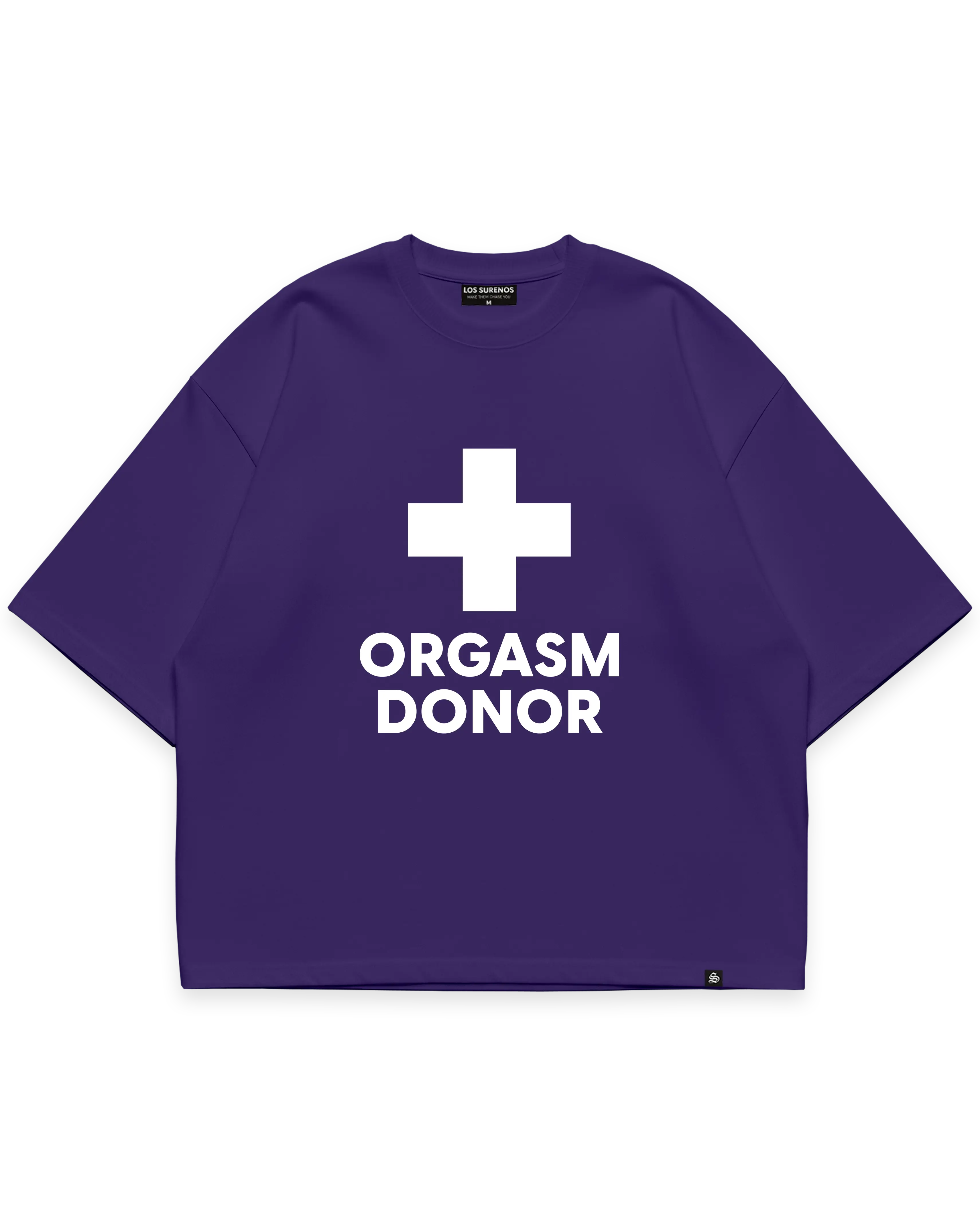 ORGASM DONOR TEE mor oversize tshirt, beyaz artı sembolü ve yazı grafik baskılı streetwear tasarım #violet