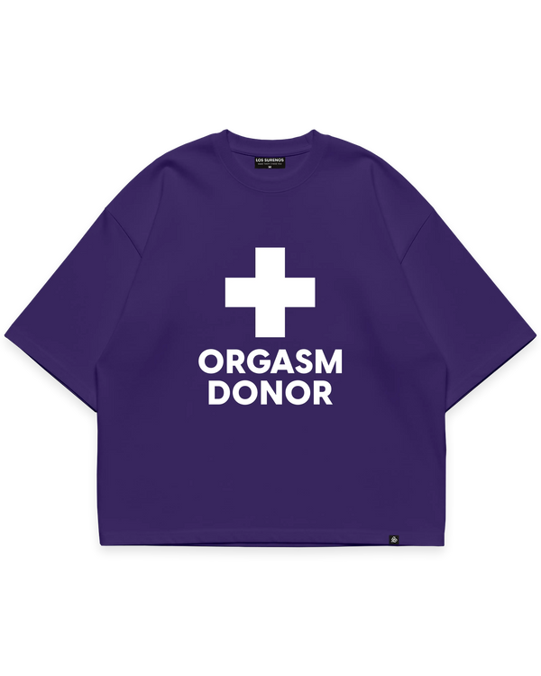 ORGASM DONOR TEE mor oversize tshirt, beyaz artı sembolü ve yazı grafik baskılı streetwear tasarım #violet