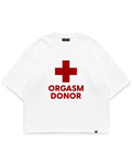 ORGASM DONOR TEE beyaz oversize tshirt, kırmızı artı sembolü ve yazı grafik baskılı streetwear tasarım #beyaz