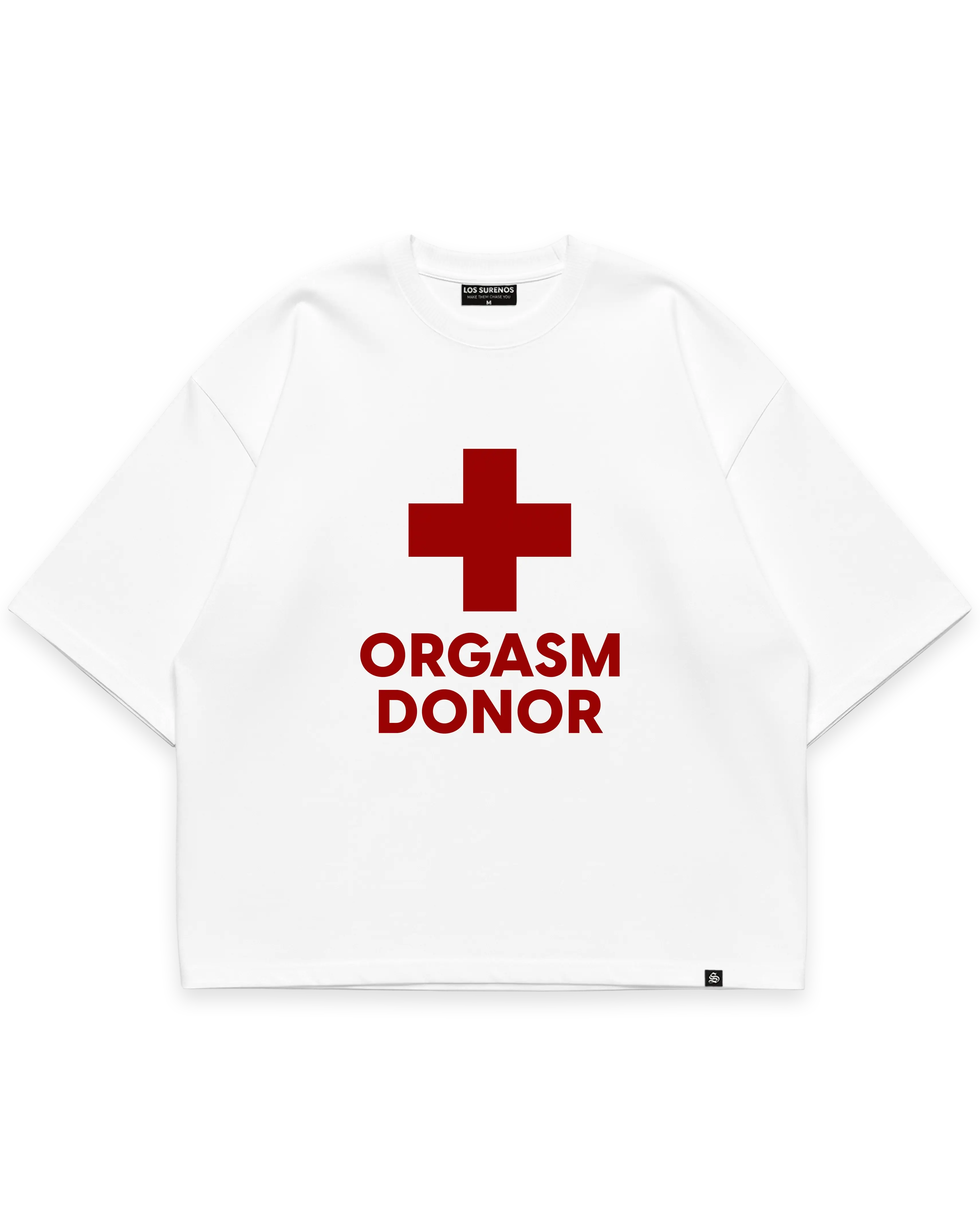 ORGASM DONOR TEE beyaz oversize tshirt, kırmızı artı sembolü ve yazı grafik baskılı streetwear tasarım #beyaz