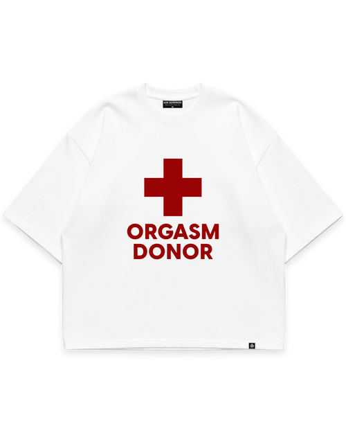 ORGASM DONOR TEE beyaz oversize tshirt, kırmızı artı sembolü ve yazı grafik baskılı streetwear tasarım #beyaz