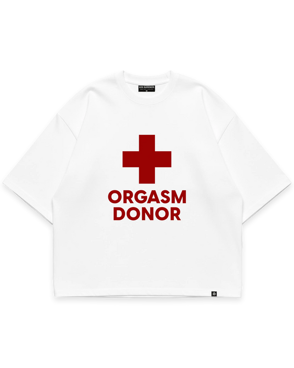 ORGASM DONOR TEE beyaz oversize tshirt, kırmızı artı sembolü ve yazı grafik baskılı streetwear tasarım #beyaz