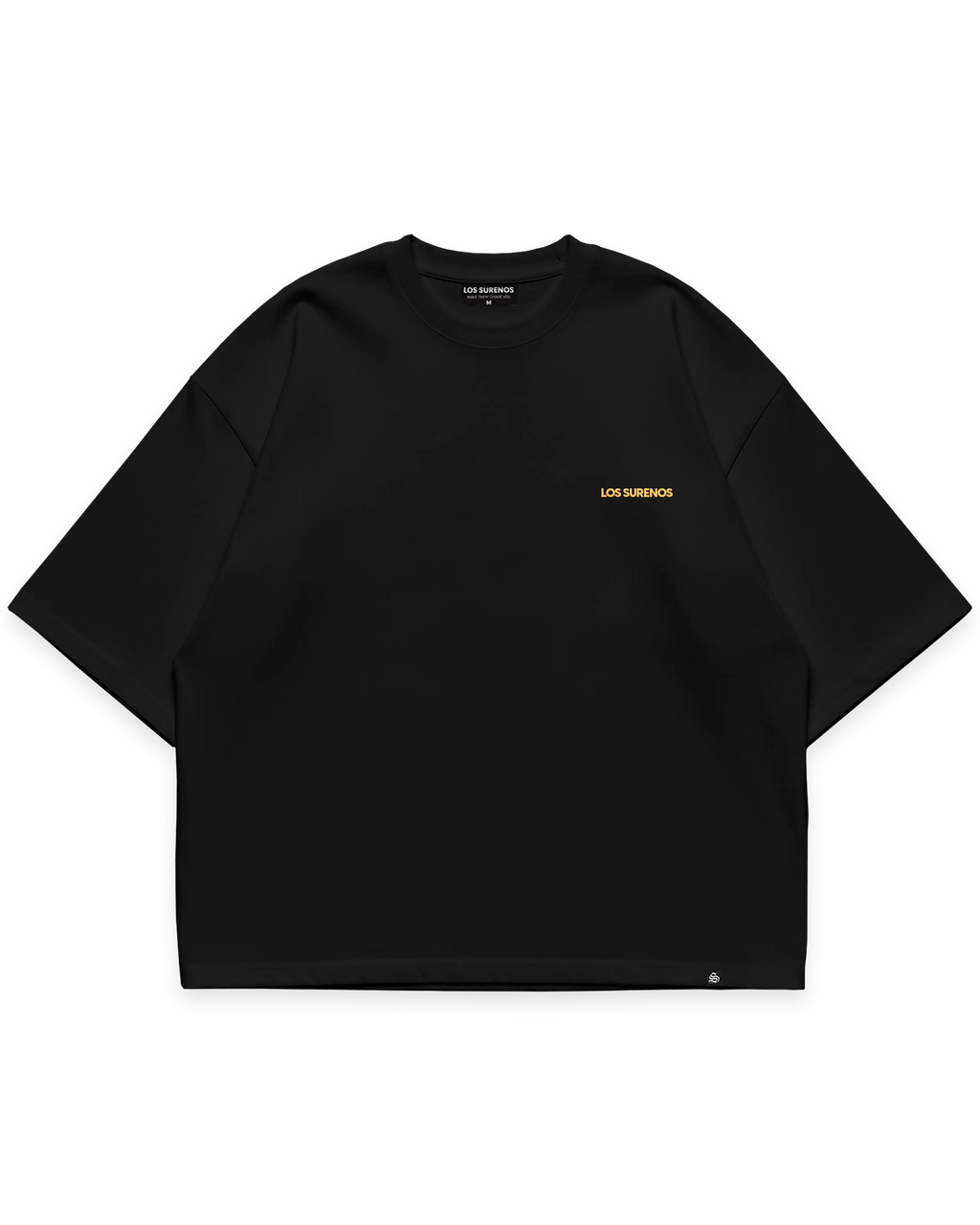 Siyah oversize tshirt, ön göğüste minimal sarı Los Surenos logosu, sade ve premium streetwear tasarım #siyah