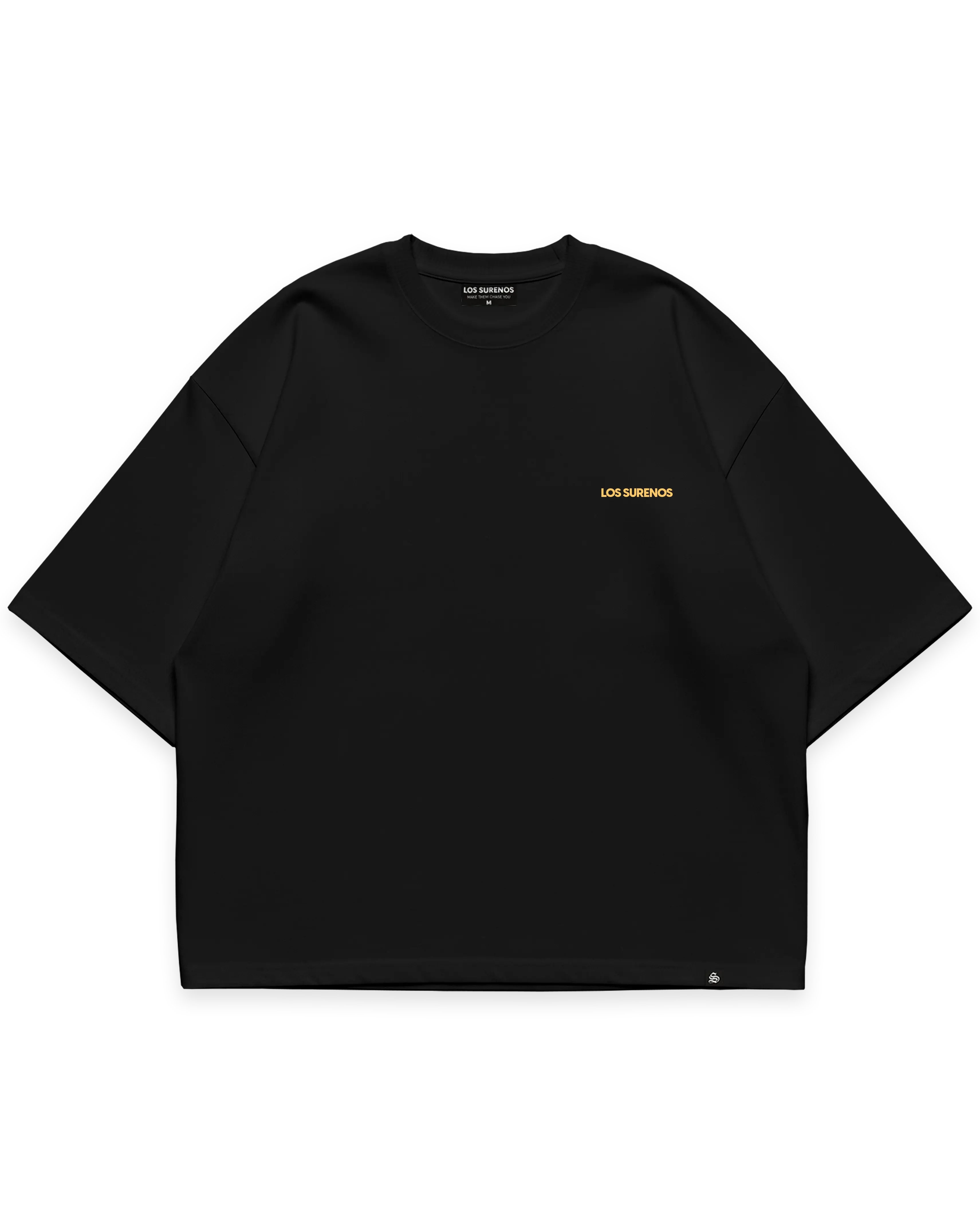Siyah oversize tshirt, ön göğüste minimal sarı Los Surenos logosu, sade ve premium streetwear tasarım #siyah