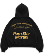 Los Surenos Pornstar Martini siyah oversize boxy fit hoodie, arka baskıda altın sarı tonlu “Pornstar Martini” yazı tasarımı ve cocktail bar konseptli premium streetwear kapüşonlu sweatshirt #siyah