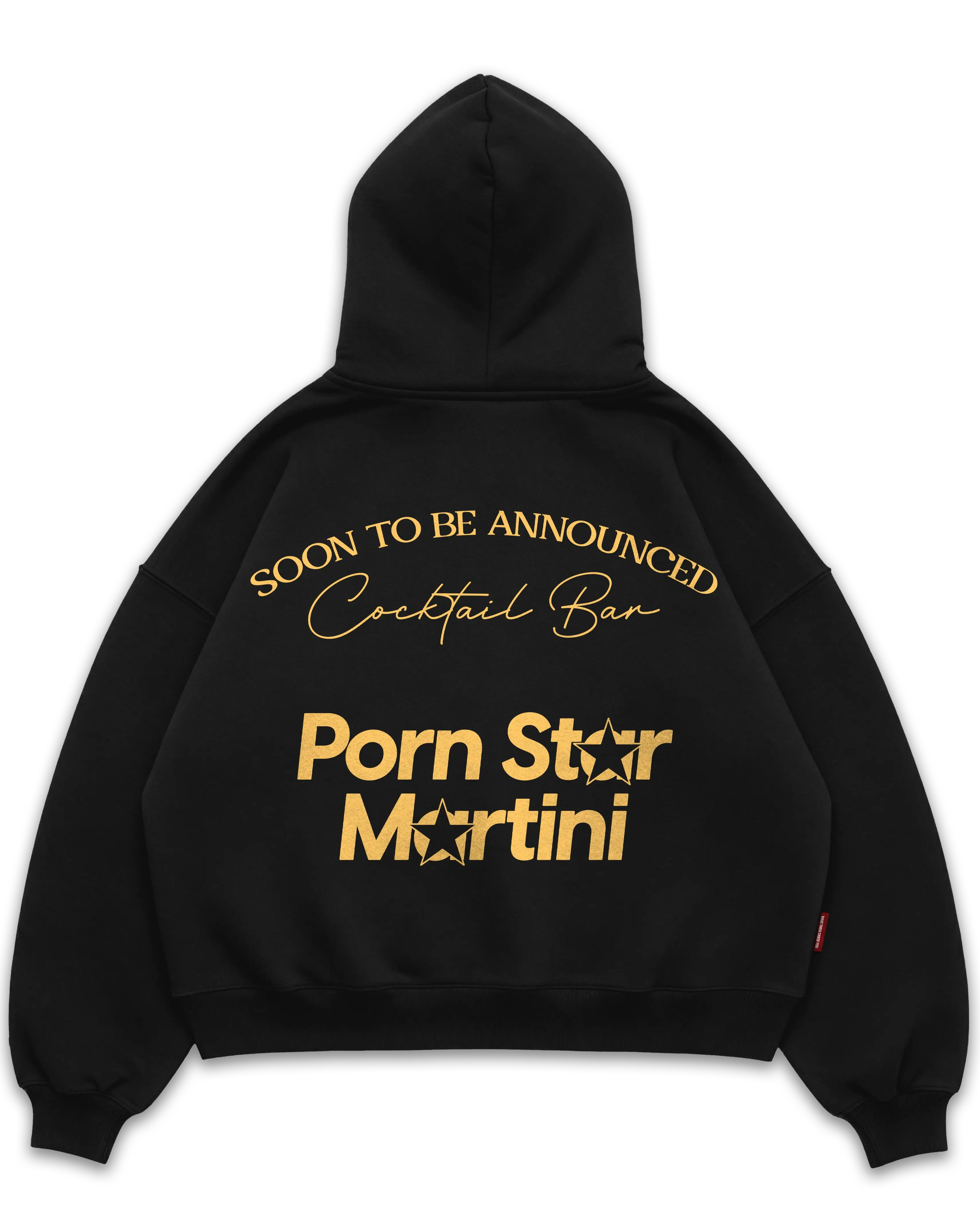 Los Surenos Pornstar Martini siyah oversize boxy fit hoodie, arka baskıda altın sarı tonlu “Pornstar Martini” yazı tasarımı ve cocktail bar konseptli premium streetwear kapüşonlu sweatshirt #siyah