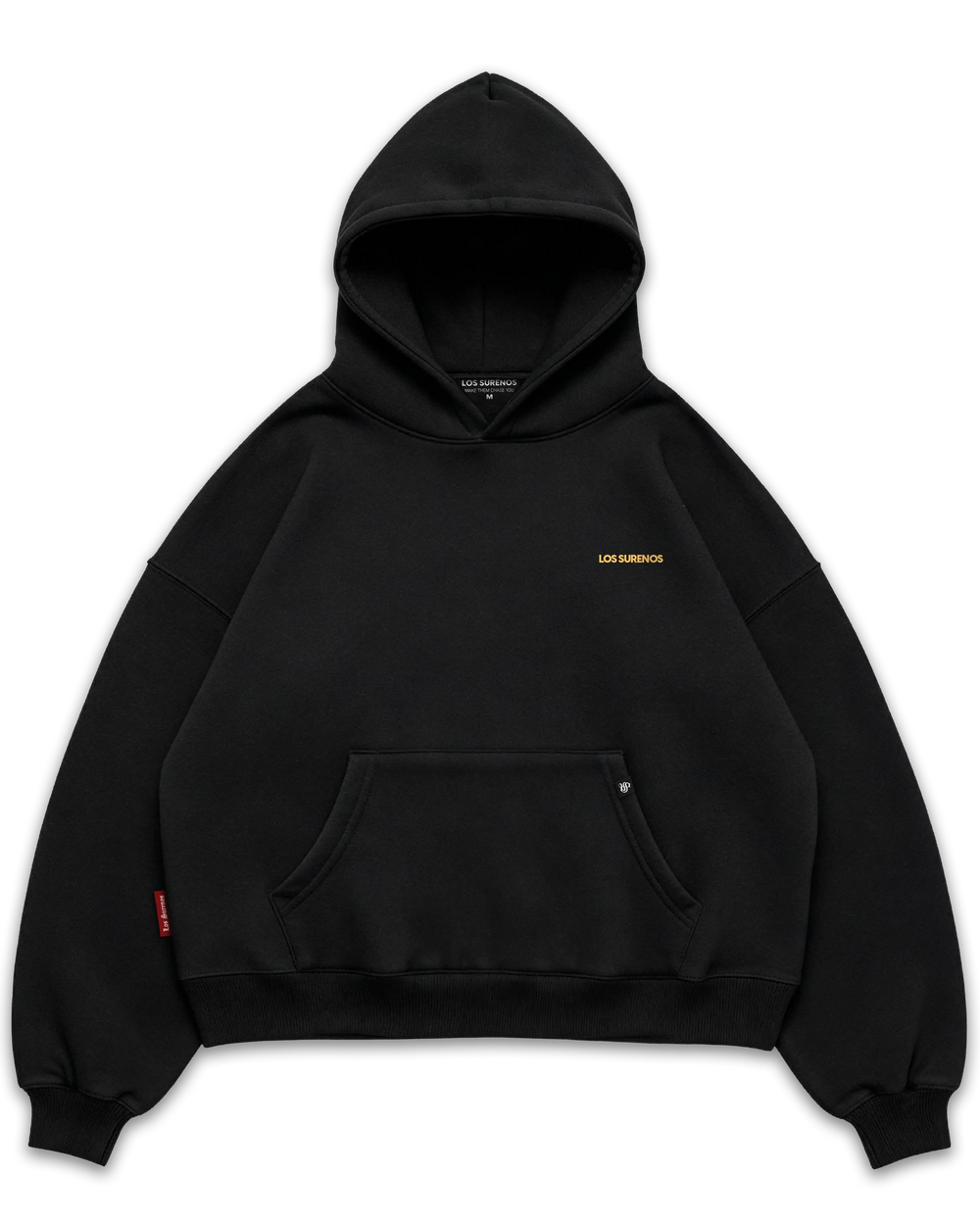 Los Surenos Pornstar Martini siyah oversize boxy fit hoodie ön yüz, göğüste minimal altın sarı Los Surenos logo baskılı, kalın kumaş premium streetwear kapüşonlu sweatshirt #siyah