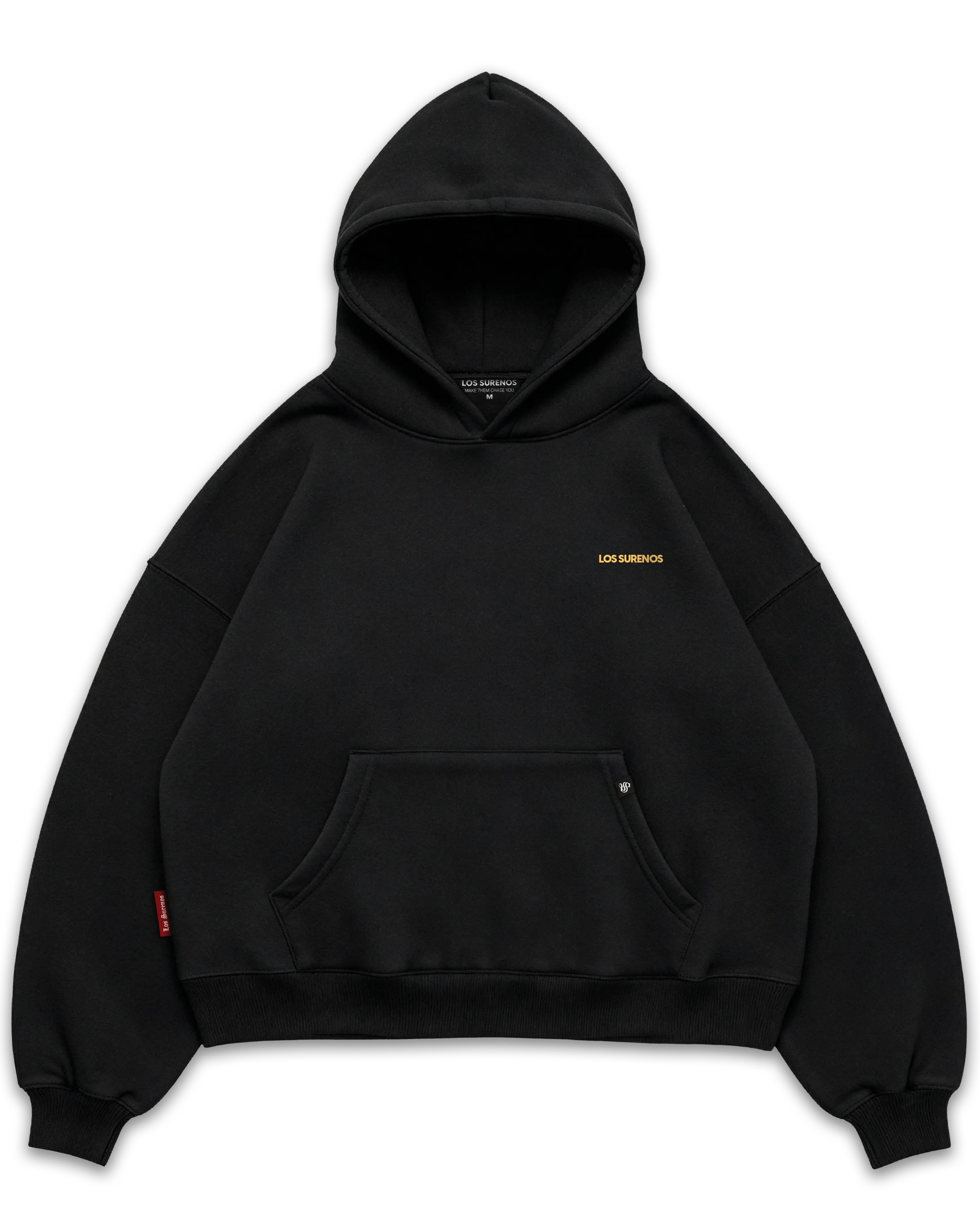 Los Surenos Pornstar Martini siyah oversize boxy fit hoodie ön yüz, göğüste minimal altın sarı Los Surenos logo baskılı, kalın kumaş premium streetwear kapüşonlu sweatshirt #siyah