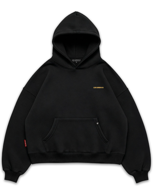 Los Surenos Pornstar Martini siyah oversize boxy fit hoodie ön yüz, göğüste minimal altın sarı Los Surenos logo baskılı, kalın kumaş premium streetwear kapüşonlu sweatshirt #siyah