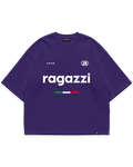 RAGAZZI TEE mor oversize boxy fit tshirt, “ragazzi” tipografili minimal grafik baskı, İtalyan bayrağı detayı ve yıldız ikonlarıyla modern streetwear tasarım #violet