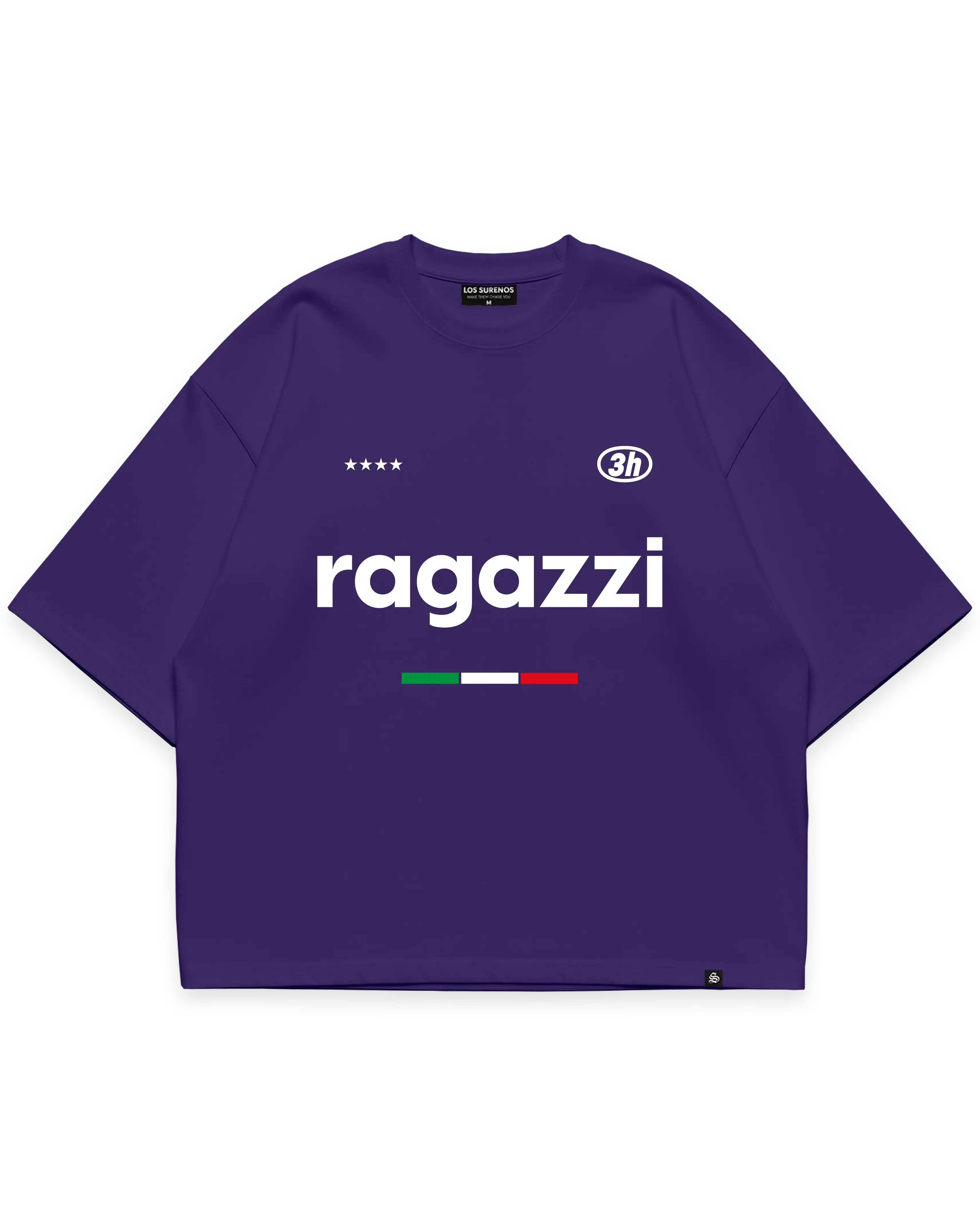 RAGAZZI TEE mor oversize boxy fit tshirt, “ragazzi” tipografili minimal grafik baskı, İtalyan bayrağı detayı ve yıldız ikonlarıyla modern streetwear tasarım #violet