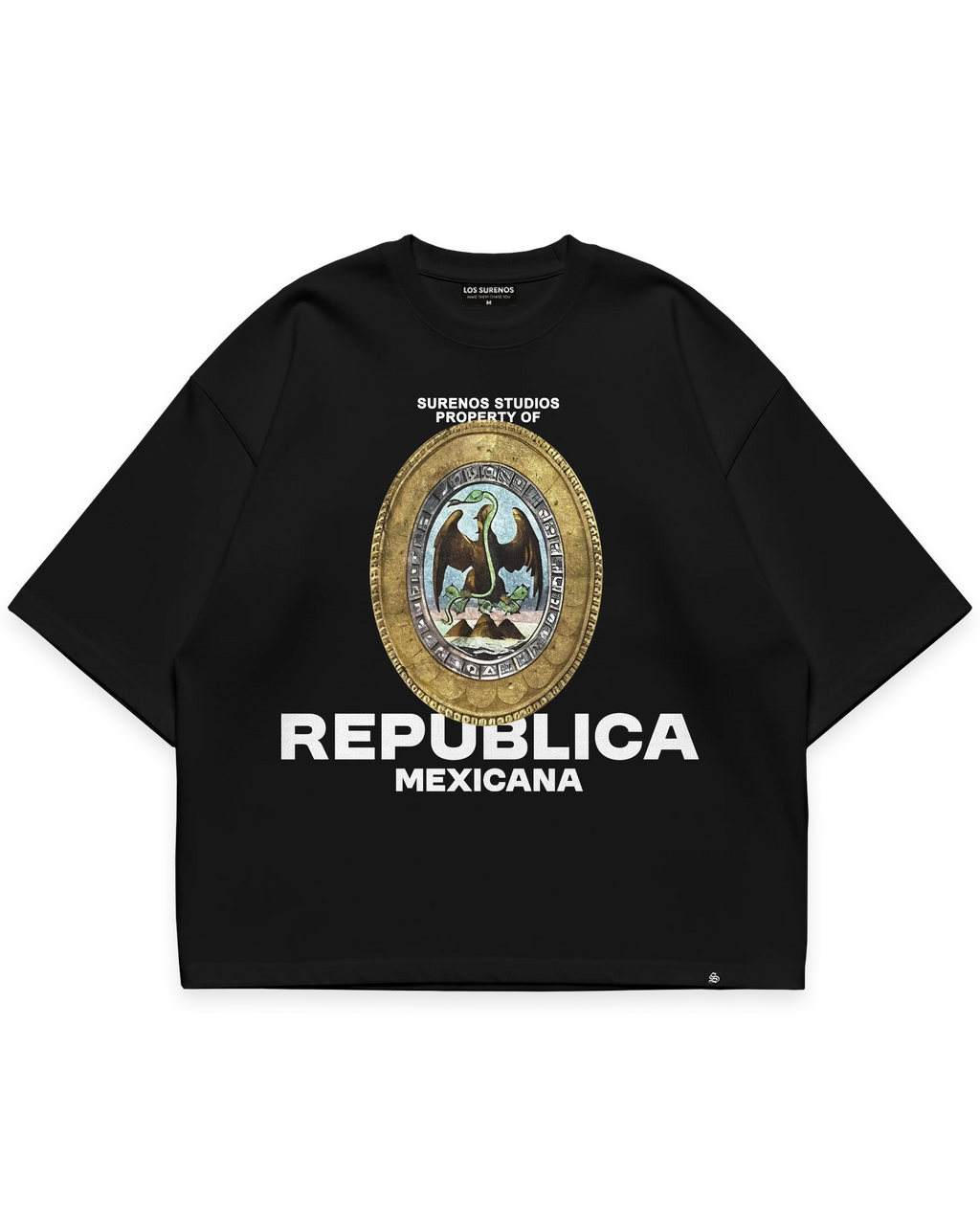 REPUBLICA MEXICANA TEE siyah oversize boxy fit tshirt, Meksika kartalı illüstrasyonlu oval arma grafik baskı, premium streetwear tasarım #siyah