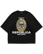 REPUBLICA MEXICANA TEE siyah oversize boxy fit tshirt, Meksika kartalı illüstrasyonlu oval arma grafik baskı, premium streetwear tasarım #siyah