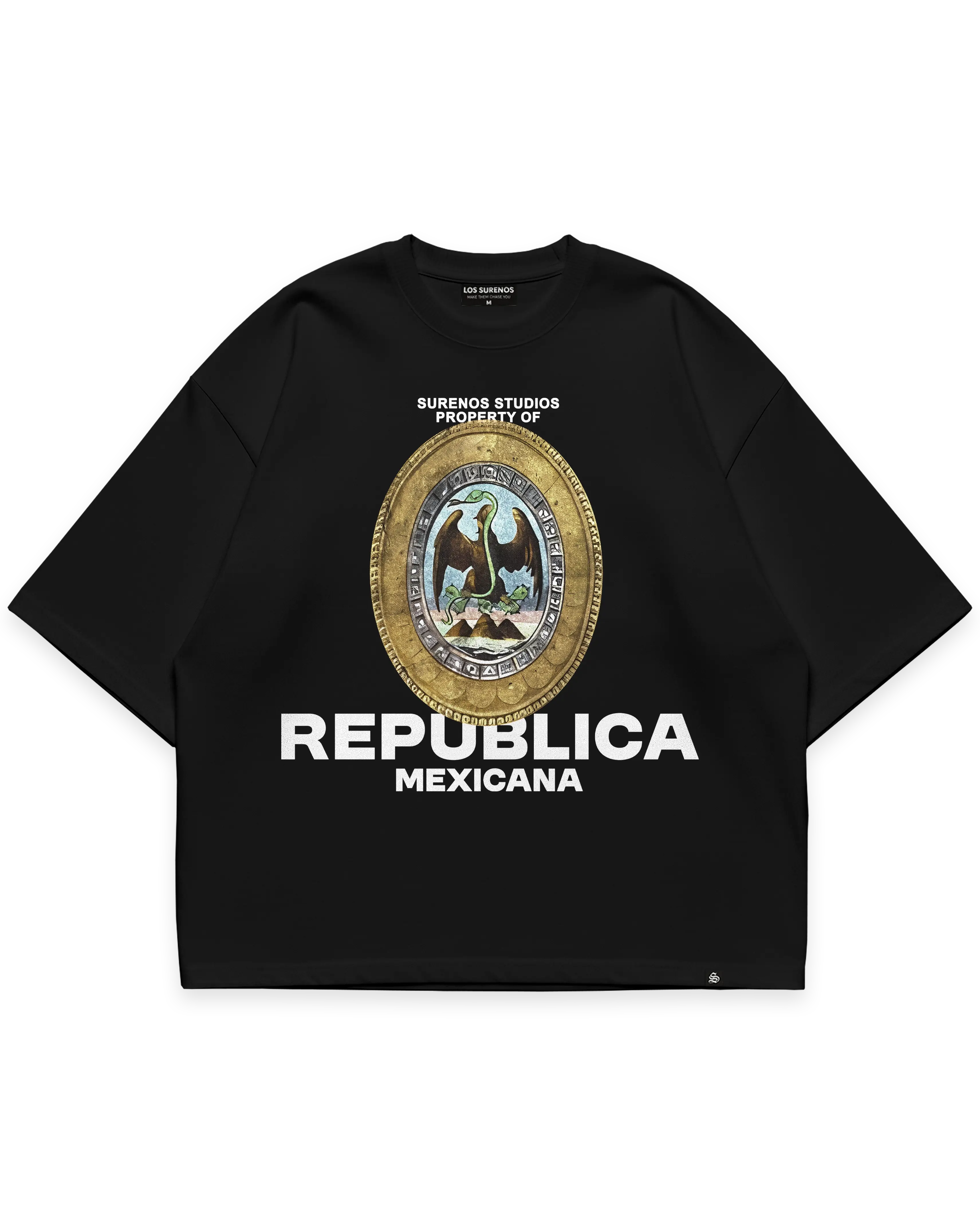 REPUBLICA MEXICANA TEE siyah oversize boxy fit tshirt, Meksika kartalı illüstrasyonlu oval arma grafik baskı, premium streetwear tasarım #siyah