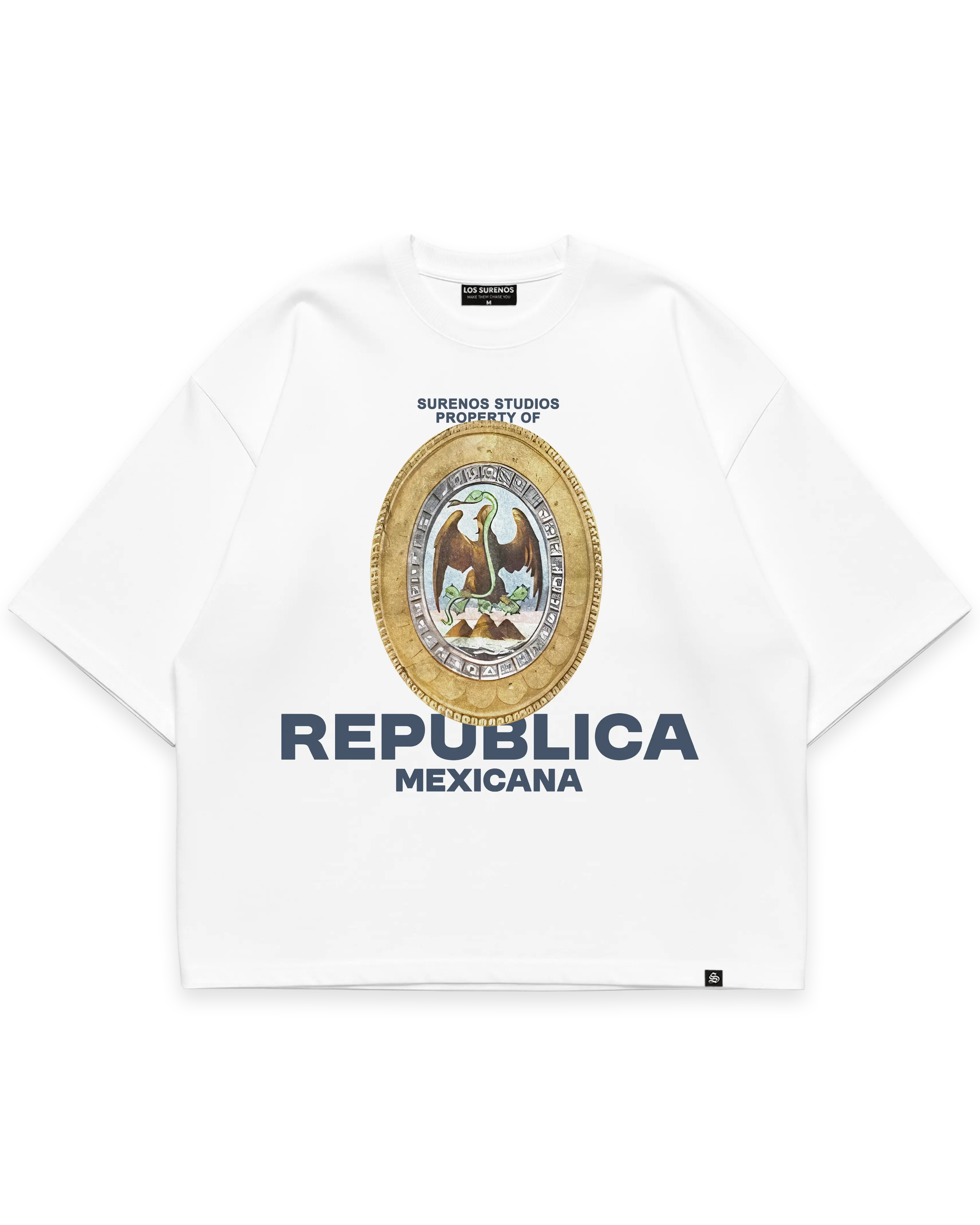 REPUBLICA MEXICANA TEE beyaz oversize boxy fit tshirt, Meksika kartalı illüstrasyonlu oval arma grafik baskı, premium streetwear tasarım #beyaz