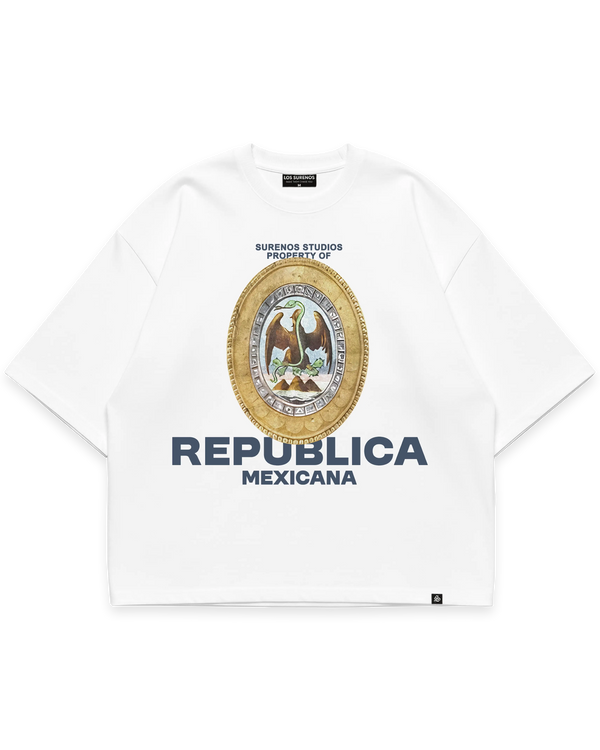 REPUBLICA MEXICANA TEE beyaz oversize boxy fit tshirt, Meksika kartalı illüstrasyonlu oval arma grafik baskı, premium streetwear tasarım #beyaz