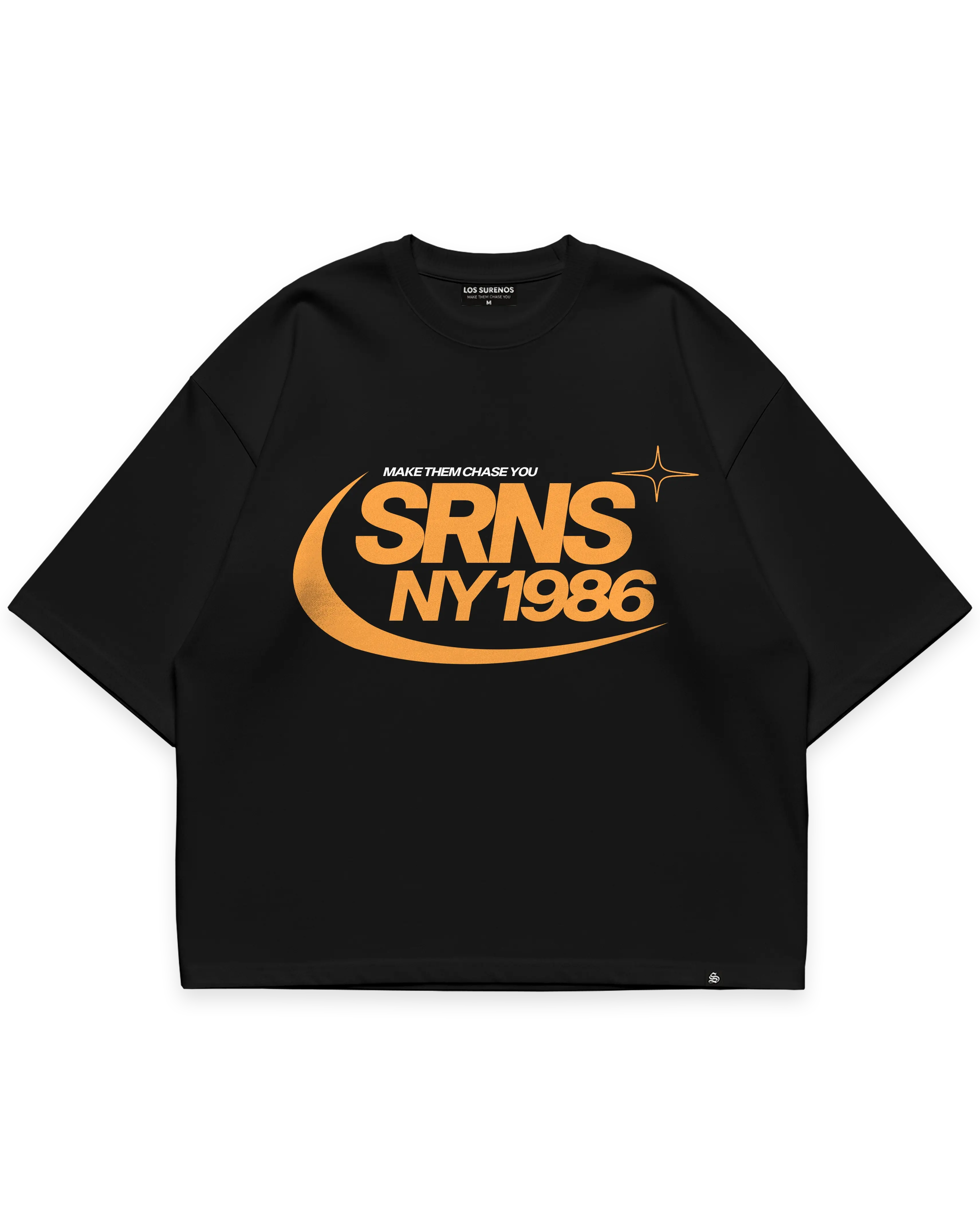 SRNS NY 1986 siyah oversize boxy fit tshirt, turuncu logolu tipografi baskı, Make Them Chase You sloganlı modern streetwear tasarım #siyah
