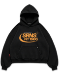 Los Surenos SRNS NY 1986 siyah oversize boxy fit hoodie, ön yüzde turuncu tonlu SRNS 1986 New York baskısı ve Make Them Chase You detayı, premium kalın kumaş streetwear kapüşonlu sweatshirt #siyah