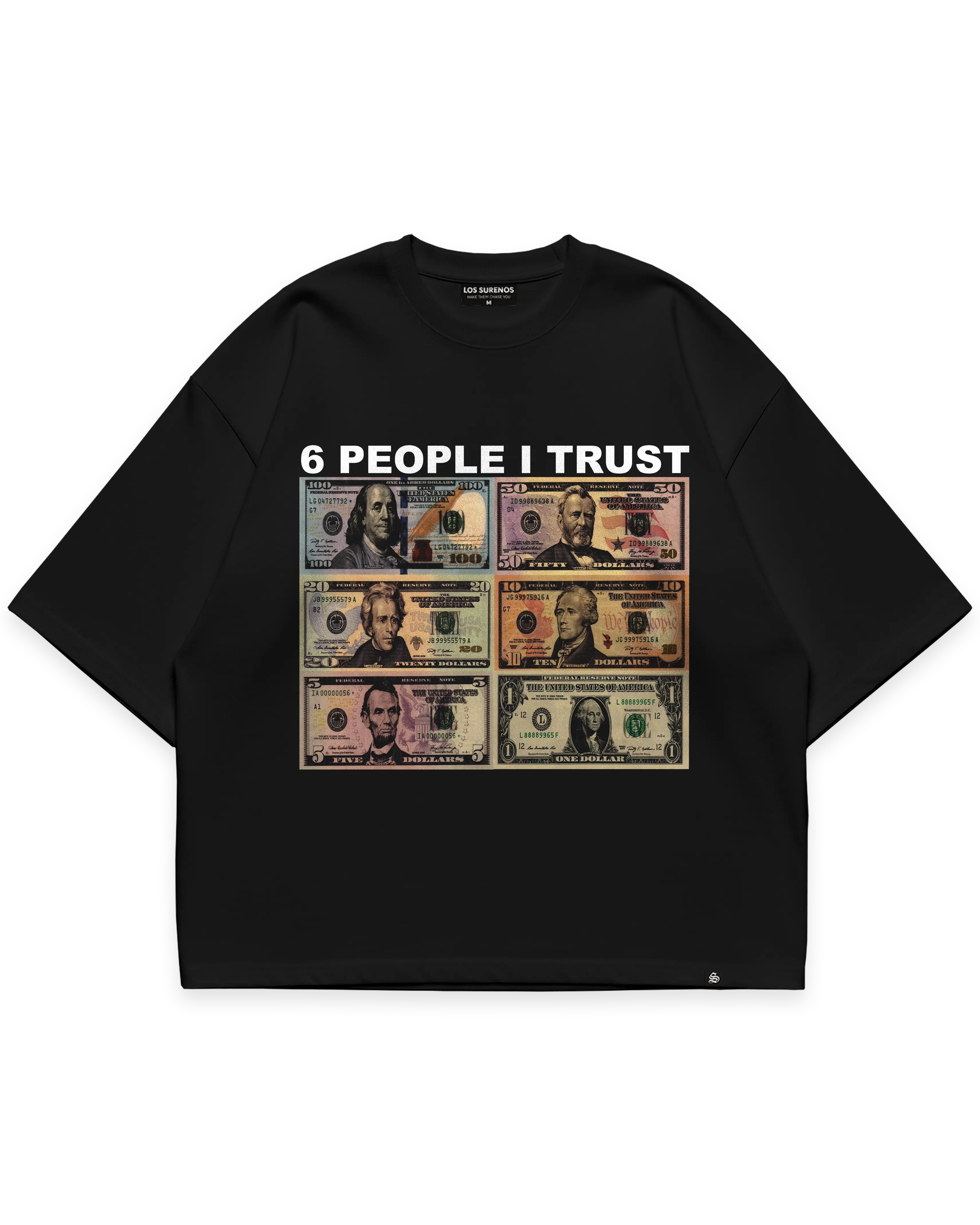 Six People I Trust siyah oversize boxy fit tshirt, dolar banknotları grafik baskı ve tipografi detaylı streetwear tasarım #siyah