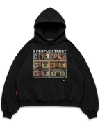 Los Surenos Six People I Trust siyah oversize boxy fit hoodie, ön yüzde “6 People I Trust” yazısı ve dolar banknotları baskılı, kalın kumaş premium streetwear kapüşonlu sweatshirt #siyah