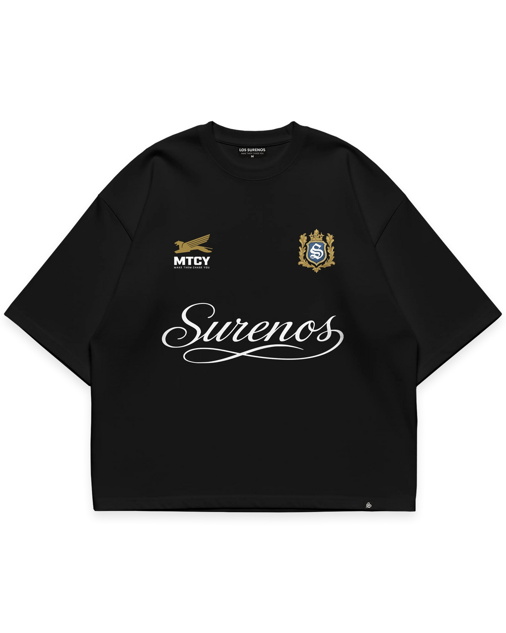 Surenos Jersey siyah oversize tshirt, MTCY ve Surenos arma detaylı premium logo baskı, minimal lüks streetwear tasarım #siyah