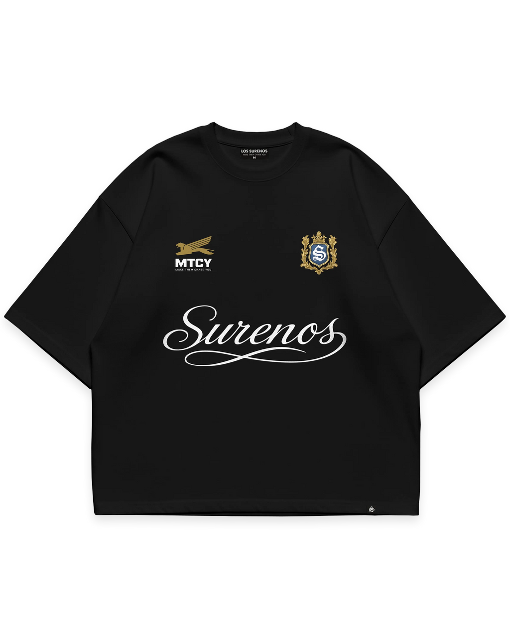 Surenos Jersey siyah oversize tshirt, MTCY ve Surenos arma detaylı premium logo baskı, minimal lüks streetwear tasarım #siyah