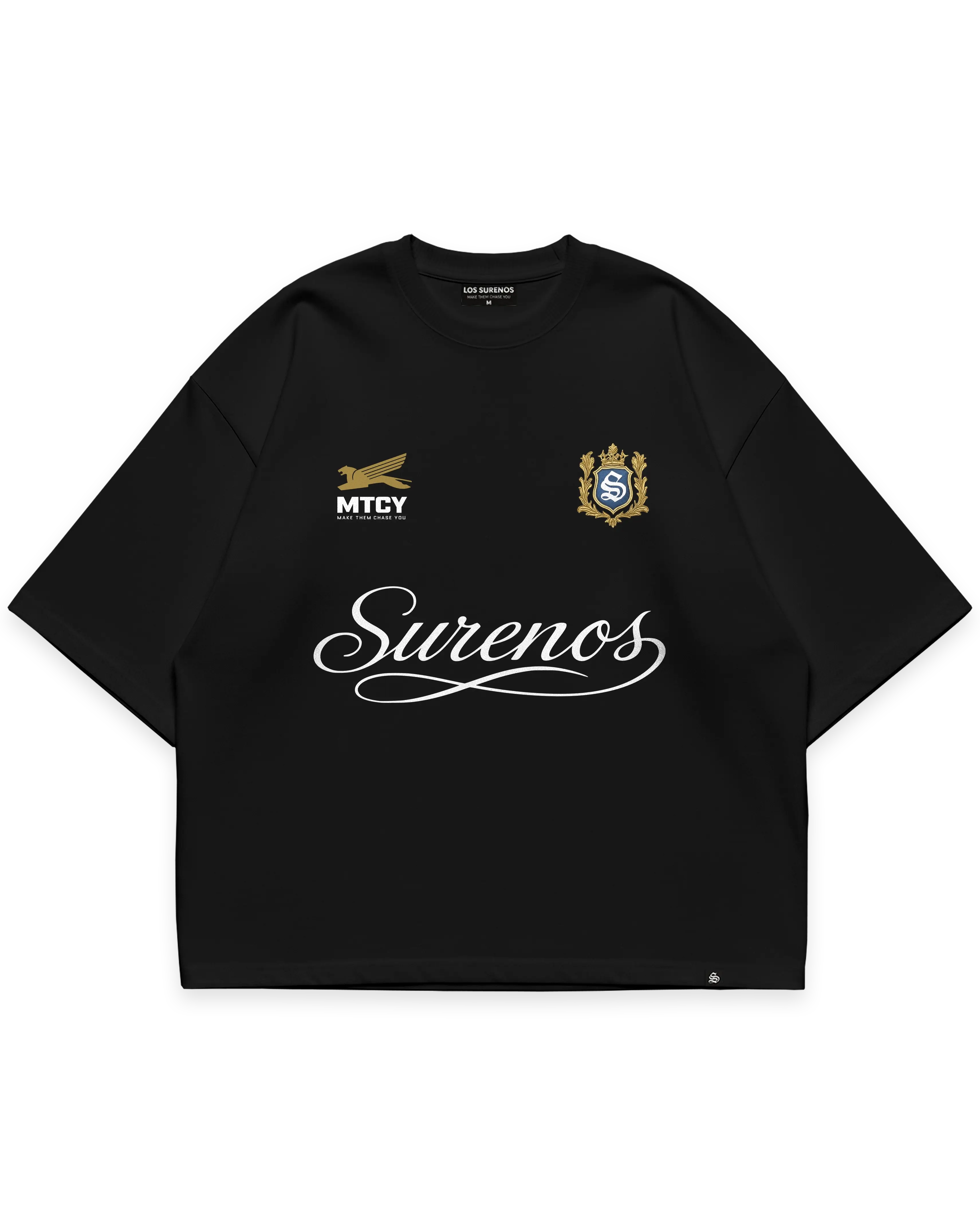Surenos Jersey siyah oversize tshirt, MTCY ve Surenos arma detaylı premium logo baskı, minimal lüks streetwear tasarım #siyah