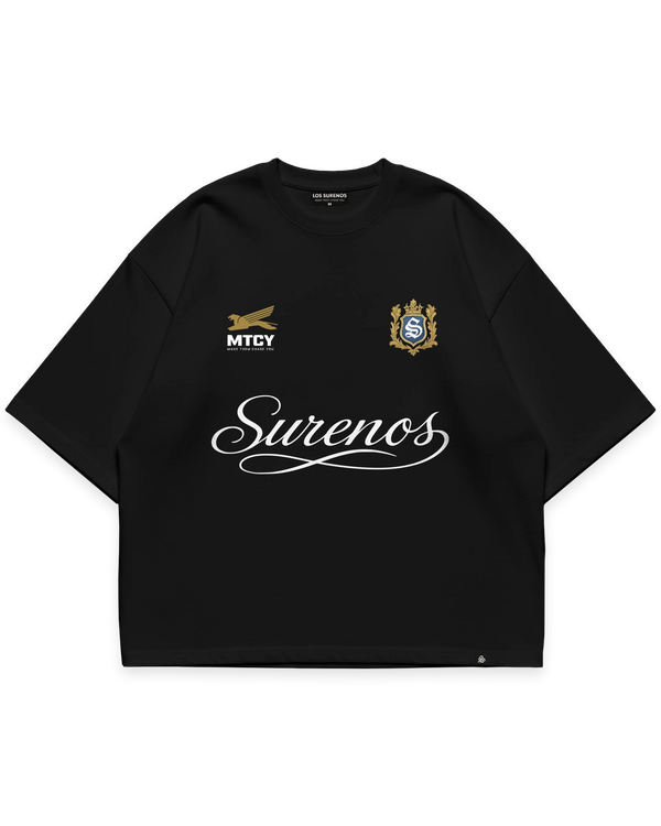 Surenos Jersey siyah oversize tshirt, MTCY ve Surenos arma detaylı premium logo baskı, minimal lüks streetwear tasarım #siyah