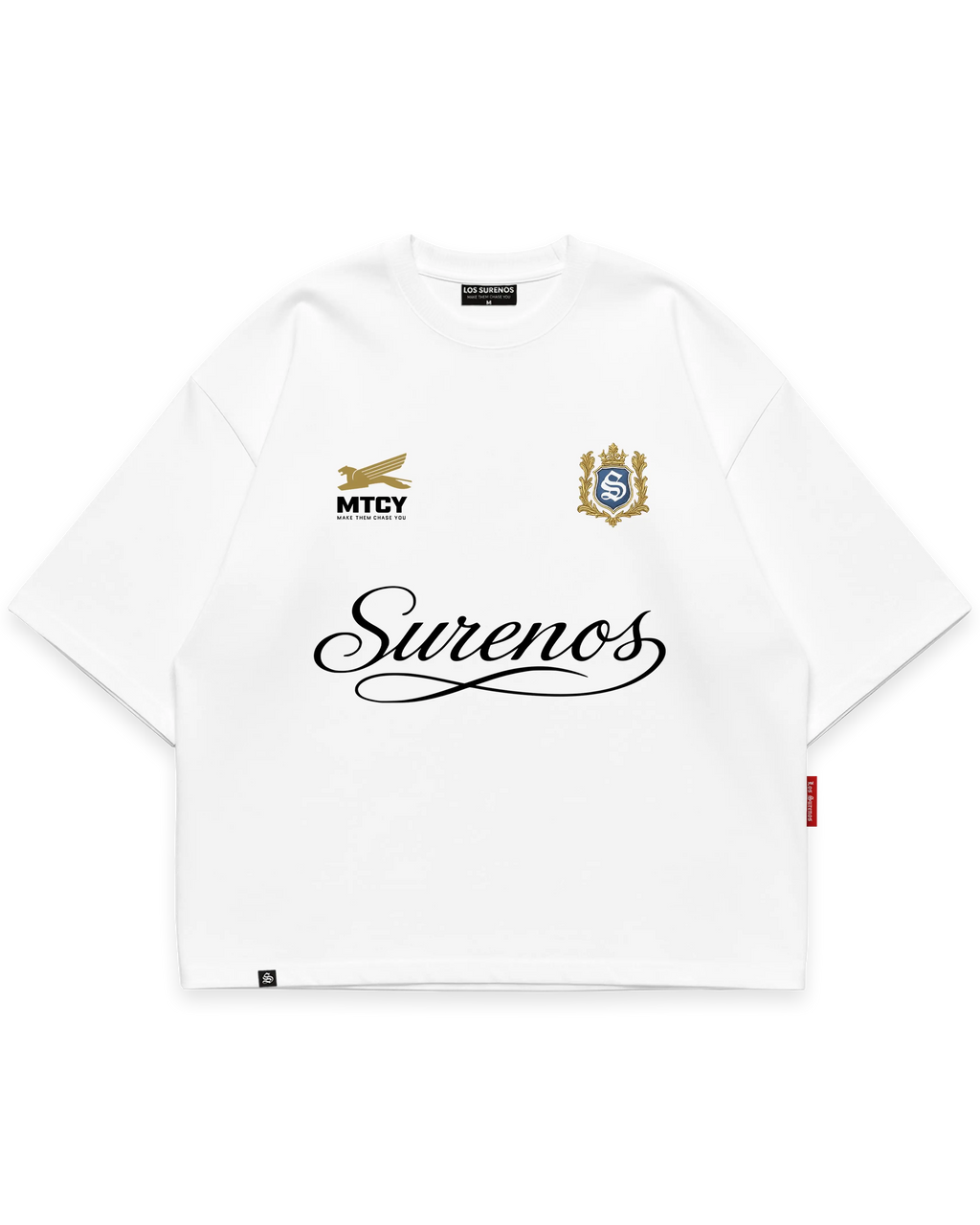 Surenos Jersey beyaz oversize tshirt, MTCY ve Surenos arma detaylı premium logo baskı, minimal lüks streetwear tasarım #beyaz
