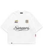 Surenos Jersey beyaz oversize tshirt, MTCY ve Surenos arma detaylı premium logo baskı, minimal lüks streetwear tasarım #beyaz