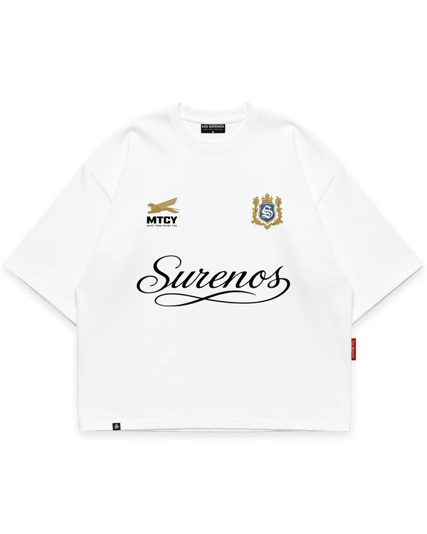 Surenos Jersey beyaz oversize tshirt, MTCY ve Surenos arma detaylı premium logo baskı, minimal lüks streetwear tasarım #beyaz