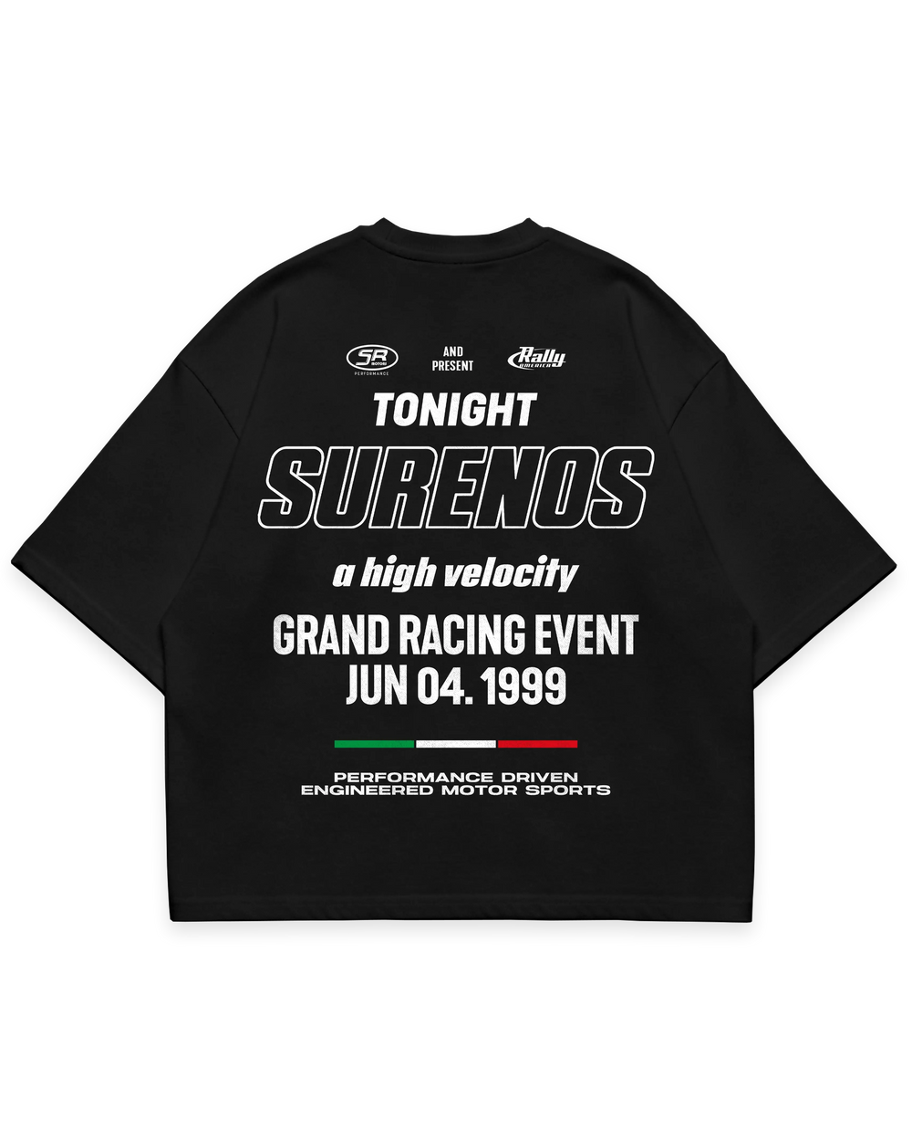 Surenos Racing siyah oversize boxy fit tshirt, sırt baskılı motorsport etkinlik afişi tasarımı, yarış kültürü temalı grafik #siyah