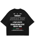 Surenos Racing siyah oversize boxy fit tshirt, sırt baskılı motorsport etkinlik afişi tasarımı, yarış kültürü temalı grafik #siyah