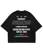 Surenos Racing siyah oversize boxy fit tshirt, sırt baskılı motorsport etkinlik afişi tasarımı, yarış kültürü temalı grafik #siyah
