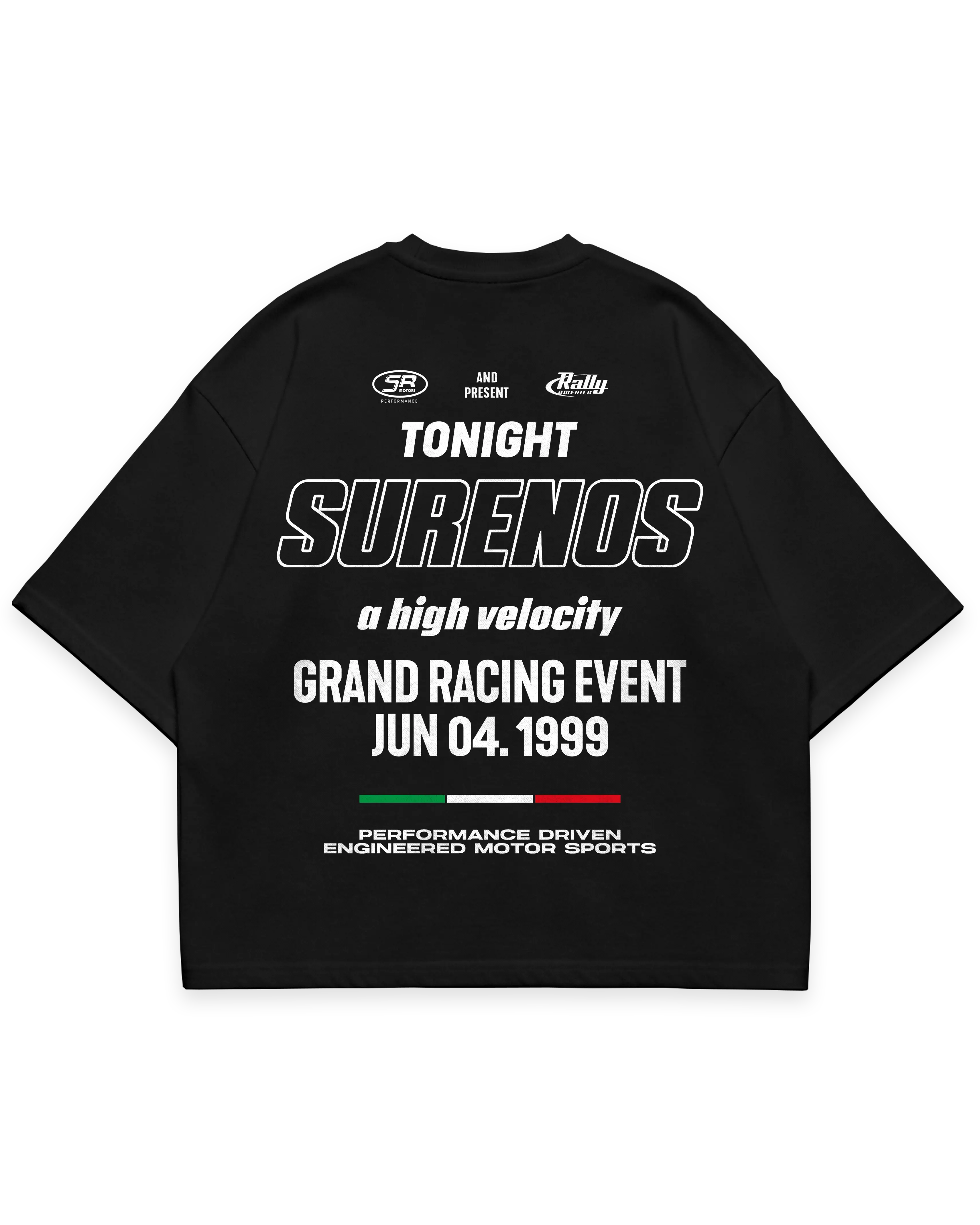 Surenos Racing siyah oversize boxy fit tshirt, sırt baskılı motorsport etkinlik afişi tasarımı, yarış kültürü temalı grafik #siyah