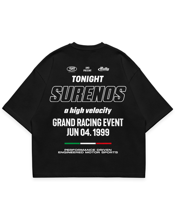 Surenos Racing siyah oversize boxy fit tshirt, sırt baskılı motorsport etkinlik afişi tasarımı, yarış kültürü temalı grafik #siyah