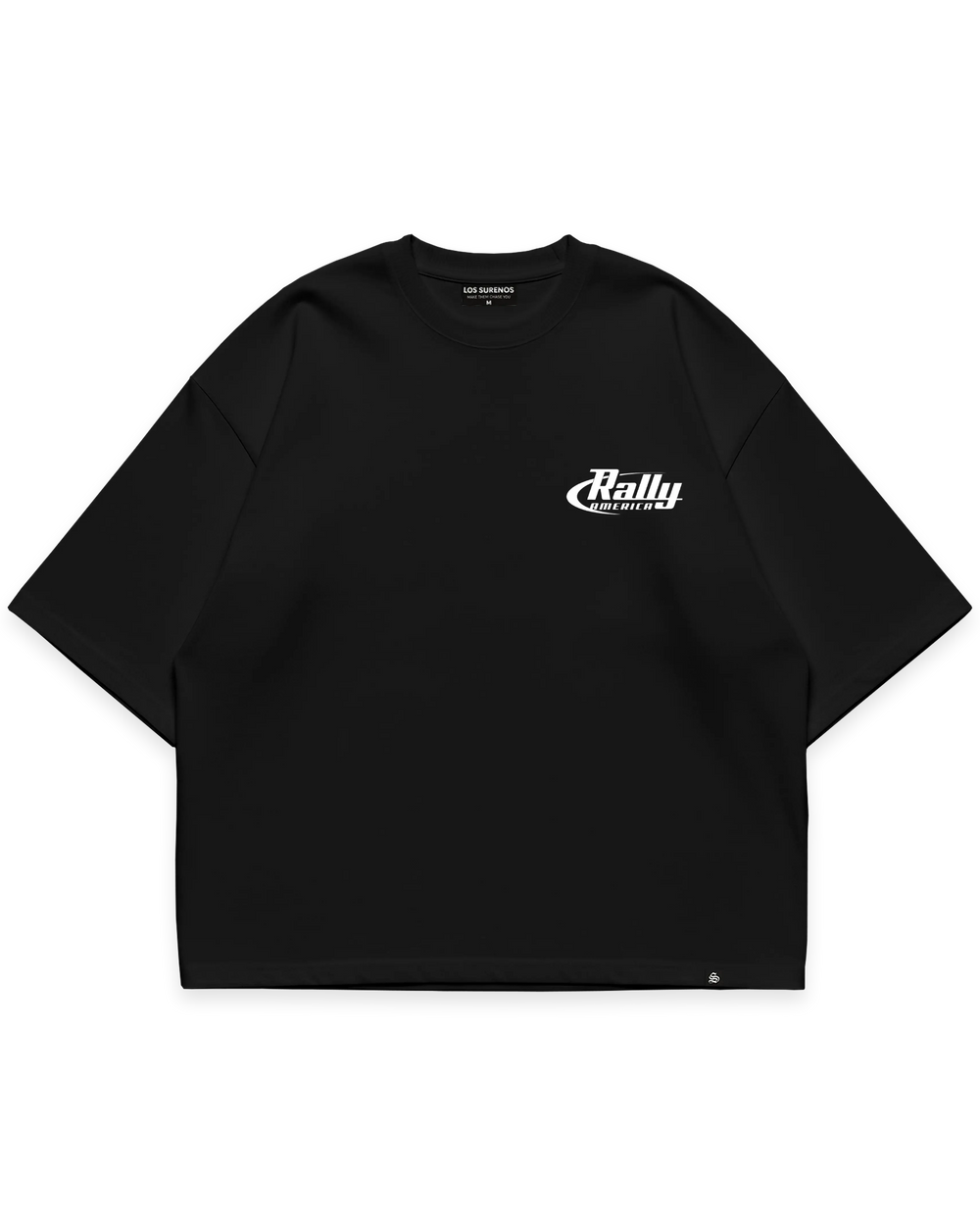 Surenos Racing siyah oversize t-shirt, ön yüz beyaz Rally America logo baskılı sade motorsport streetwear tasarım #siyah