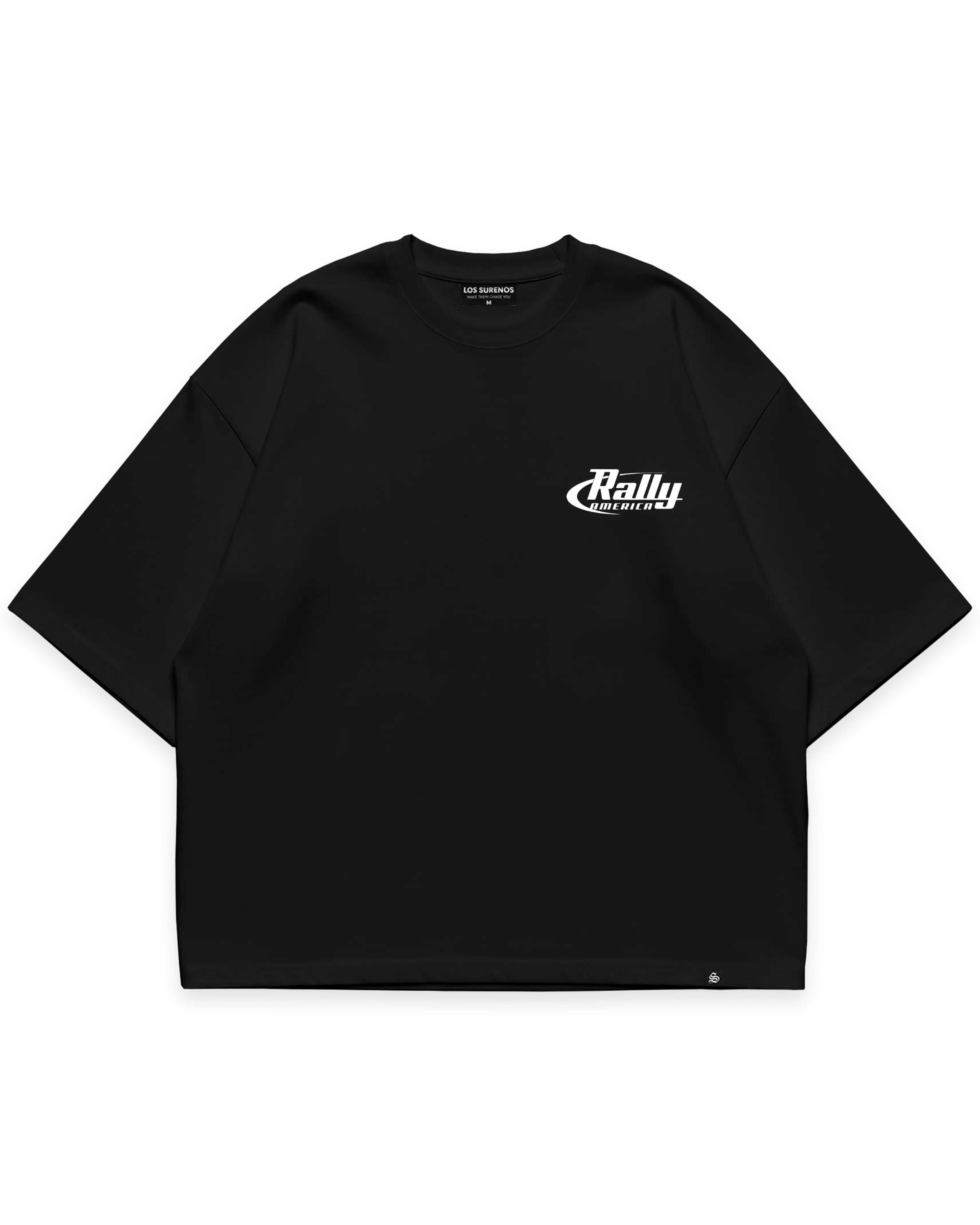 Surenos Racing siyah oversize t-shirt, ön yüz beyaz Rally America logo baskılı sade motorsport streetwear tasarım #siyah
