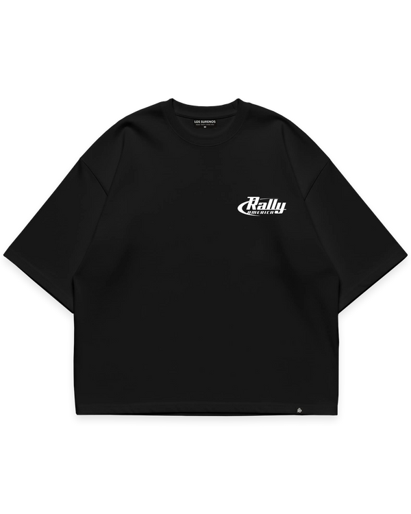 Surenos Racing siyah oversize t-shirt, ön yüz beyaz Rally America logo baskılı sade motorsport streetwear tasarım #siyah