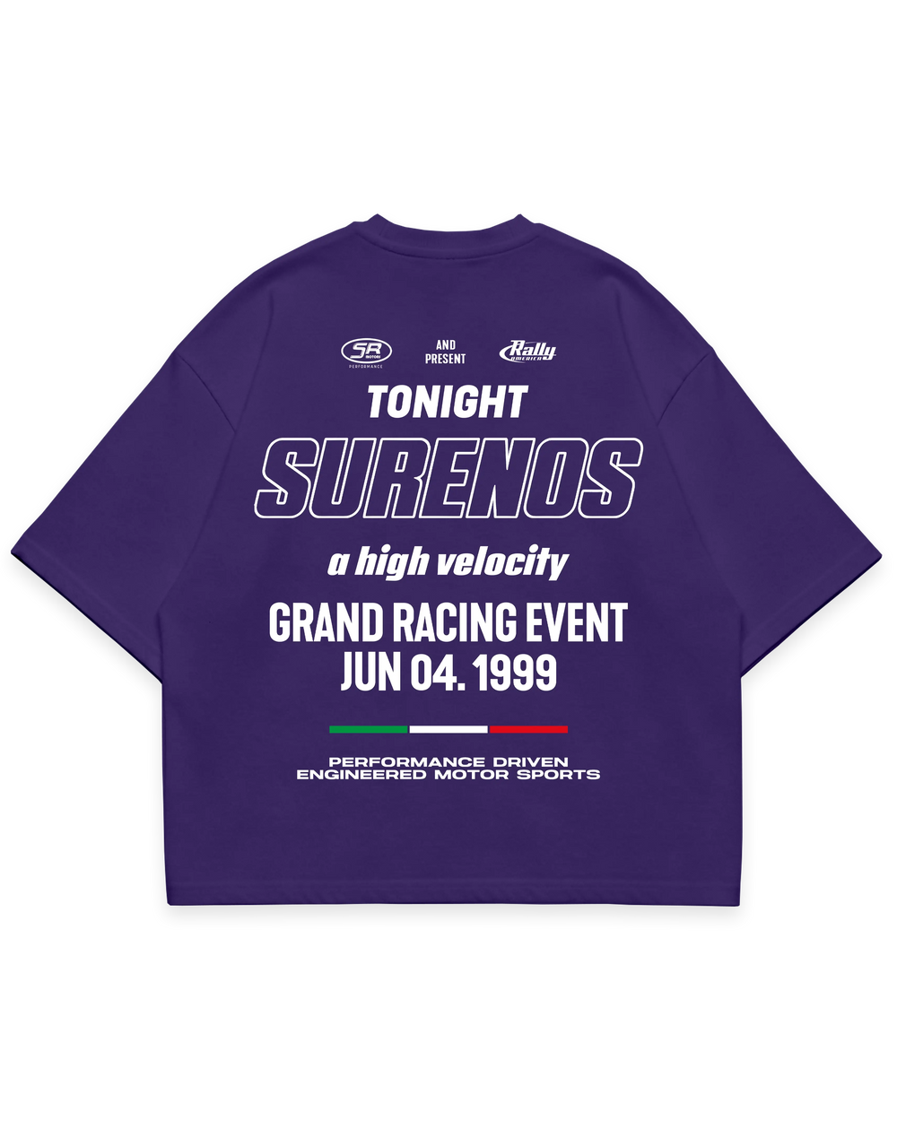 Surenos Racing mor oversize boxy fit tshirt, sırt baskılı grand racing event tipografi tasarımı, premium motorsport grafik #violet