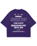 Surenos Racing mor oversize boxy fit tshirt, sırt baskılı grand racing event tipografi tasarımı, premium motorsport grafik #violet
