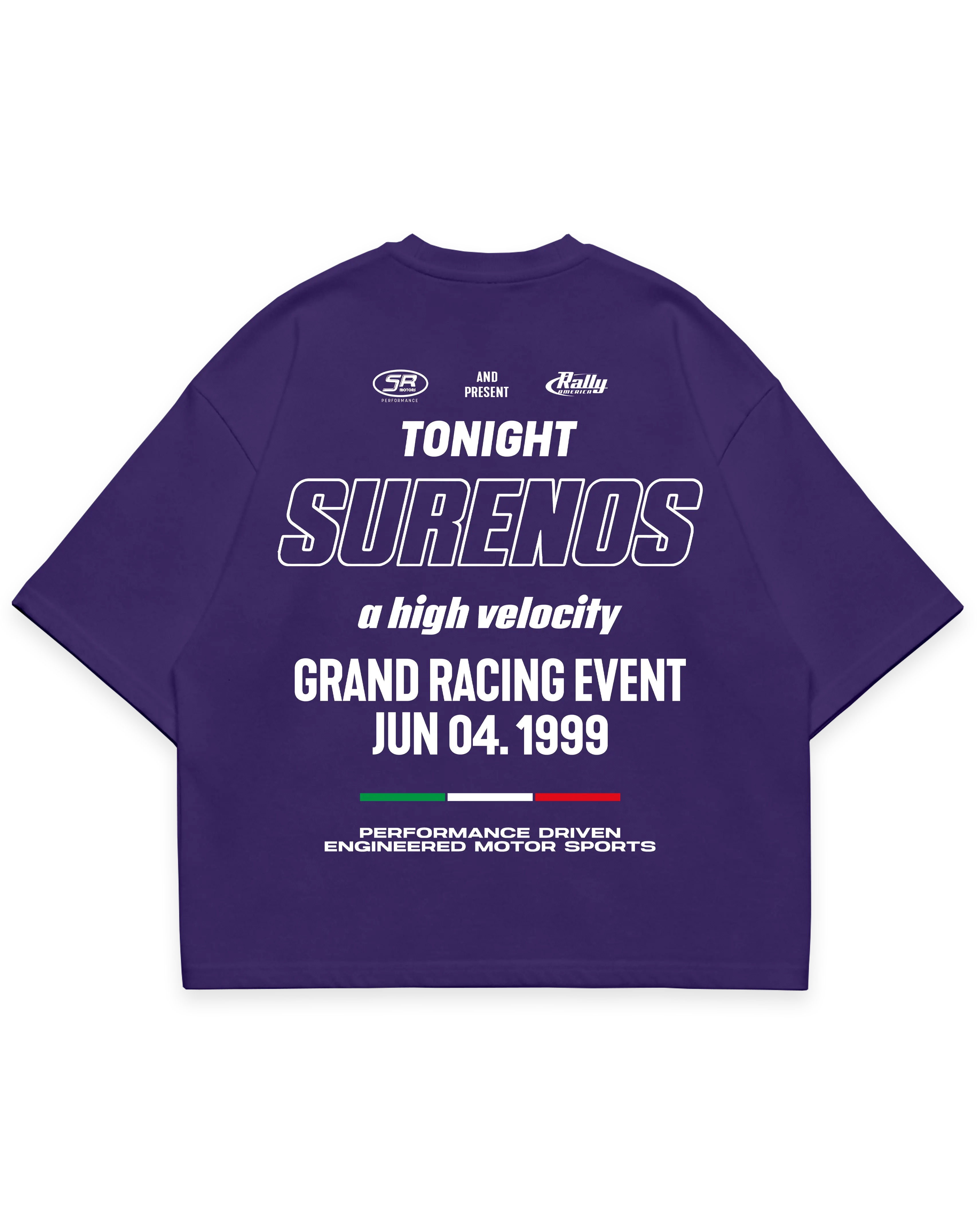 Surenos Racing mor oversize boxy fit tshirt, sırt baskılı grand racing event tipografi tasarımı, premium motorsport grafik #violet