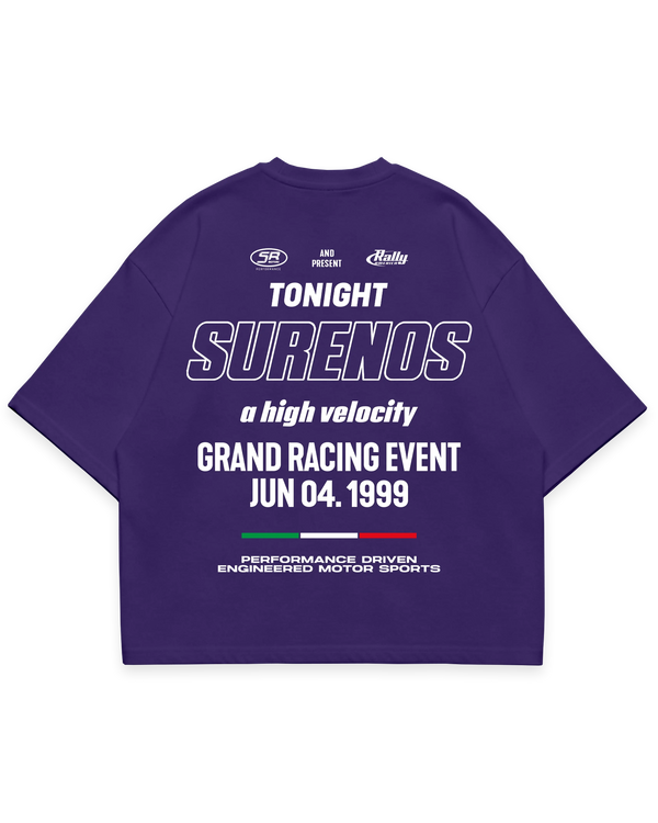 Surenos Racing mor oversize boxy fit tshirt, sırt baskılı grand racing event tipografi tasarımı, premium motorsport grafik #violet